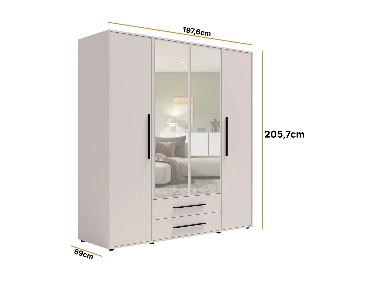 Armoire dressing Modena 200 cm - Cachemire avec miroir et tiroirs