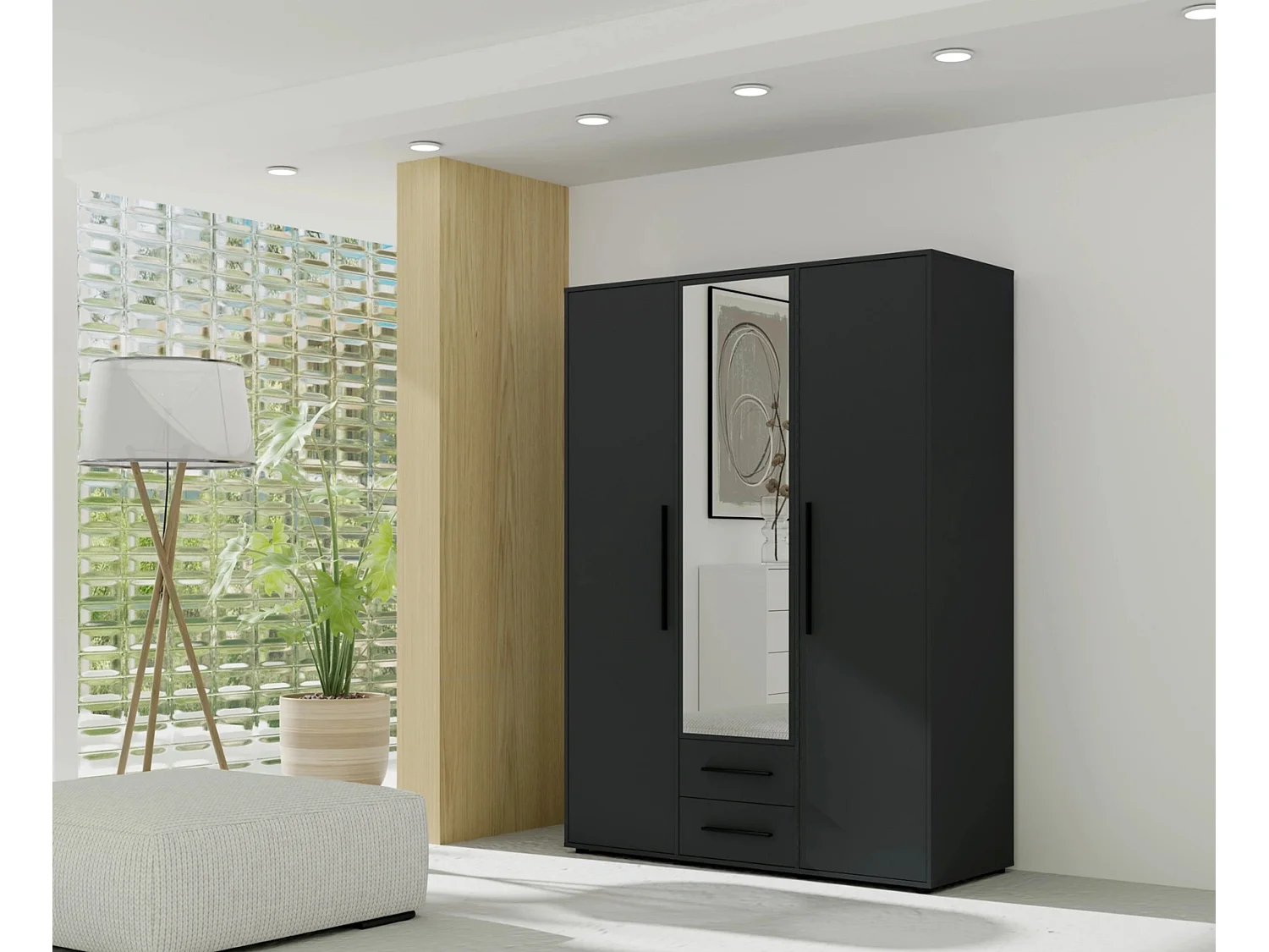 Armoire dressing Modena 150 cm - Noir Mat avec miroir et tiroirs