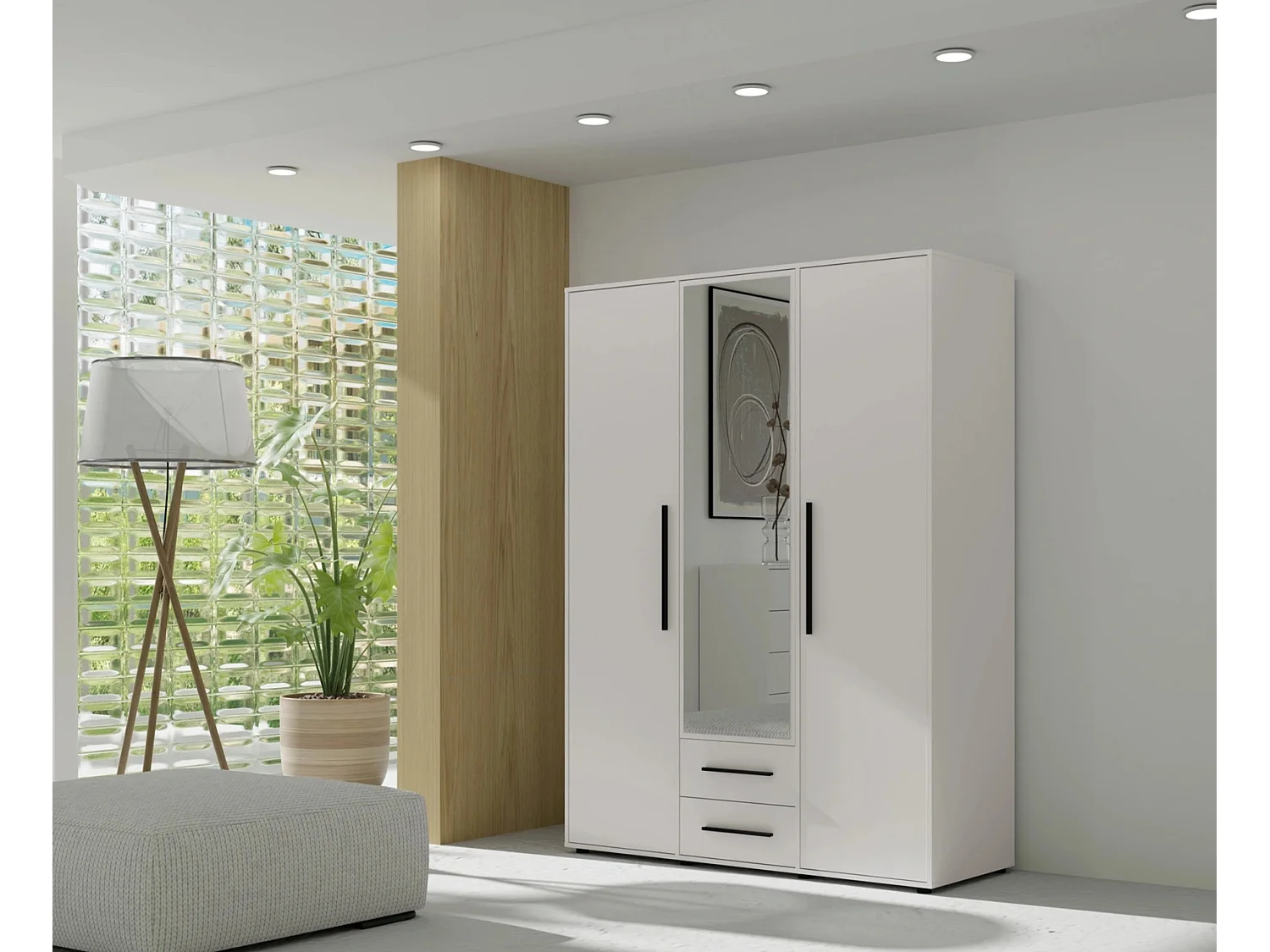 Armoire dressing Modena 150 cm - Blanc Mat avec miroir et tiroirs