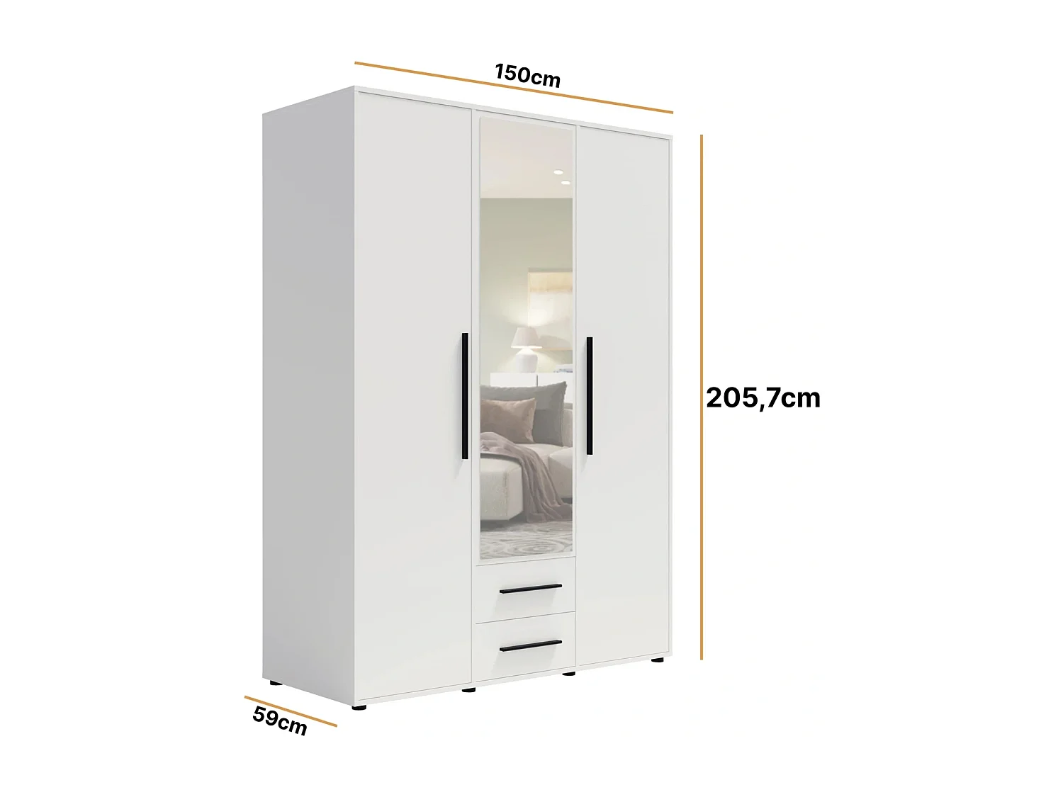 Armoire dressing Modena 150 cm - Blanc Mat avec miroir et tiroirs
