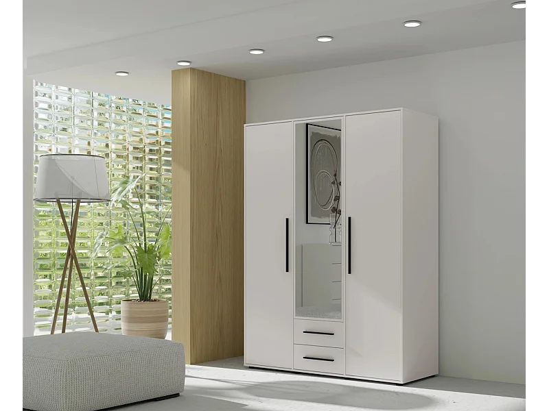 Armoire dressing Modena 150 cm - Blanc Mat avec miroir et tiroirs