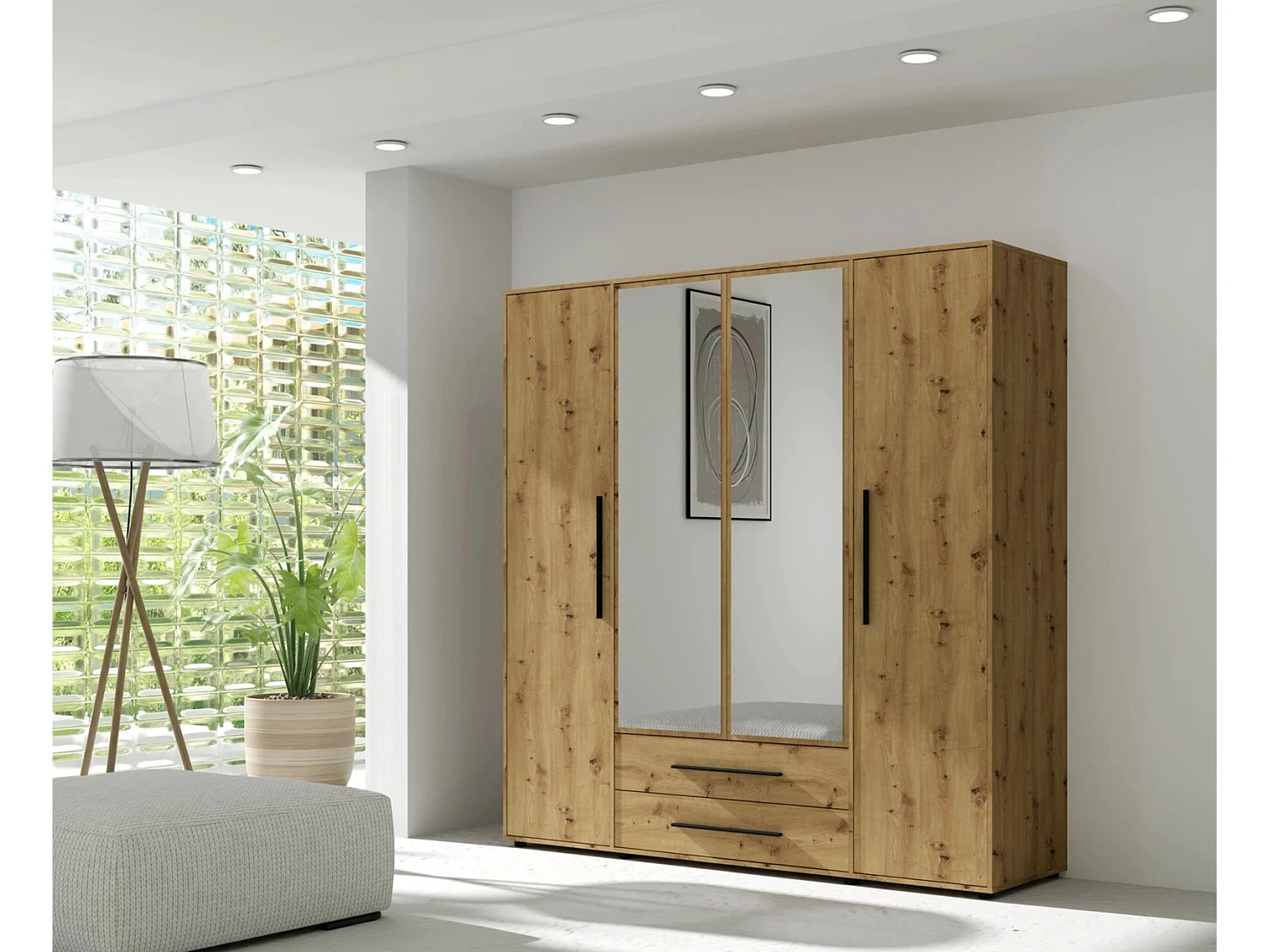 Armoire dressing Modena 200 cm - Chêne Artisan avec miroir et tiroirs