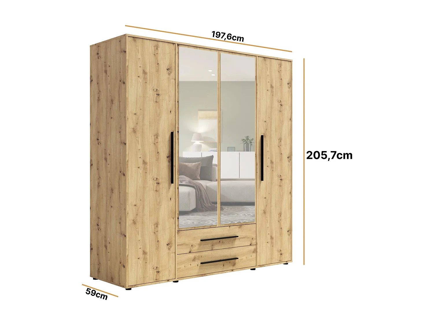 Armoire dressing Modena 200 cm - Chêne Artisan avec miroir et tiroirs