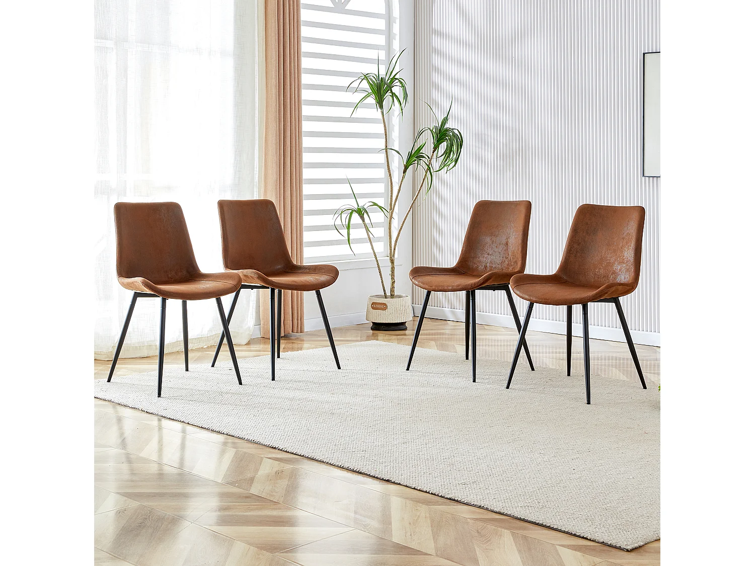 Lot de 4 chaises en tissu technique marron - Dossier élargis et pieds en métal