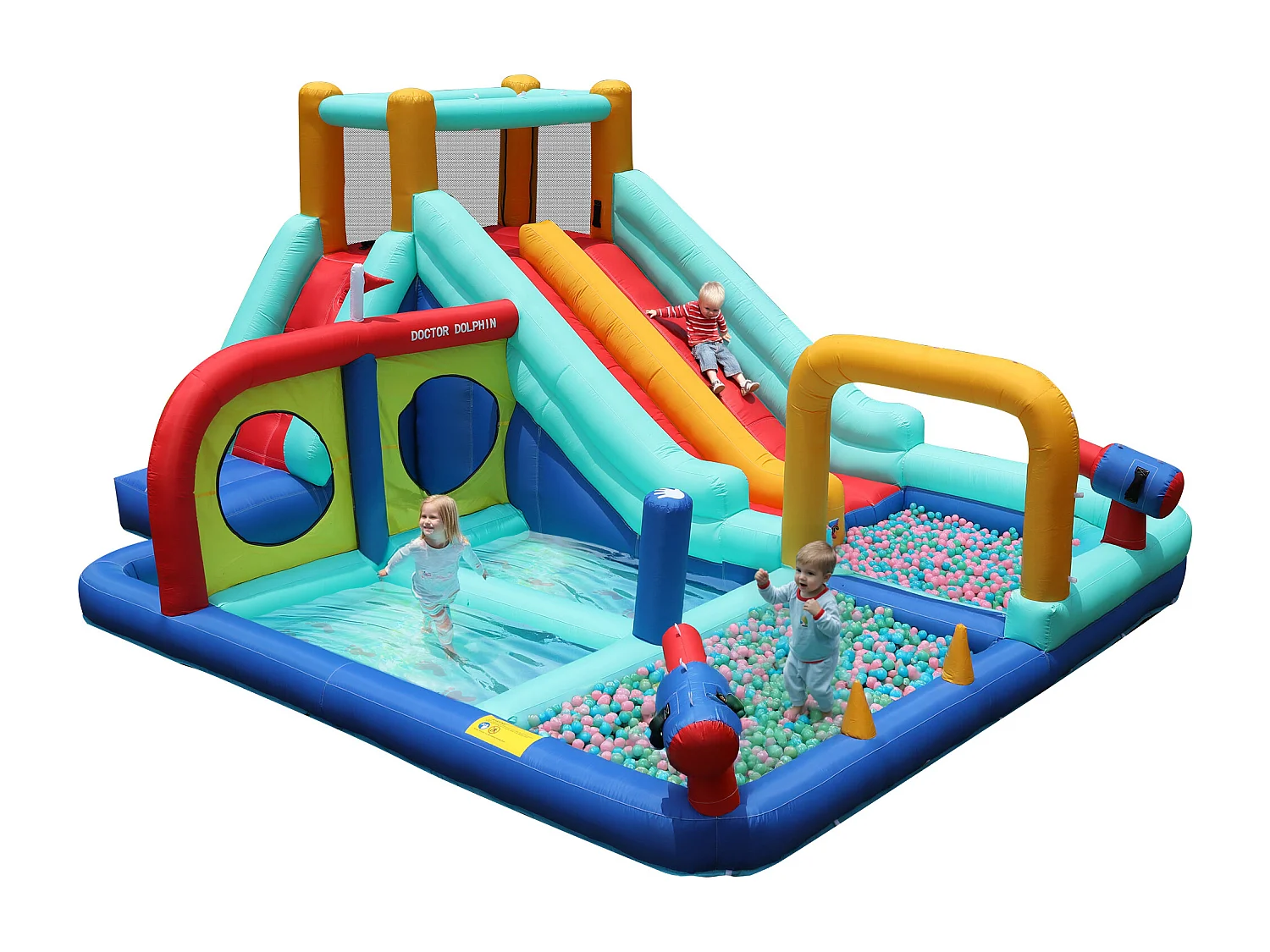 Château gonflable enfant parc aquatique avec souffleur ,toboggan et mur d'escalade - Tissu Oxford bleu