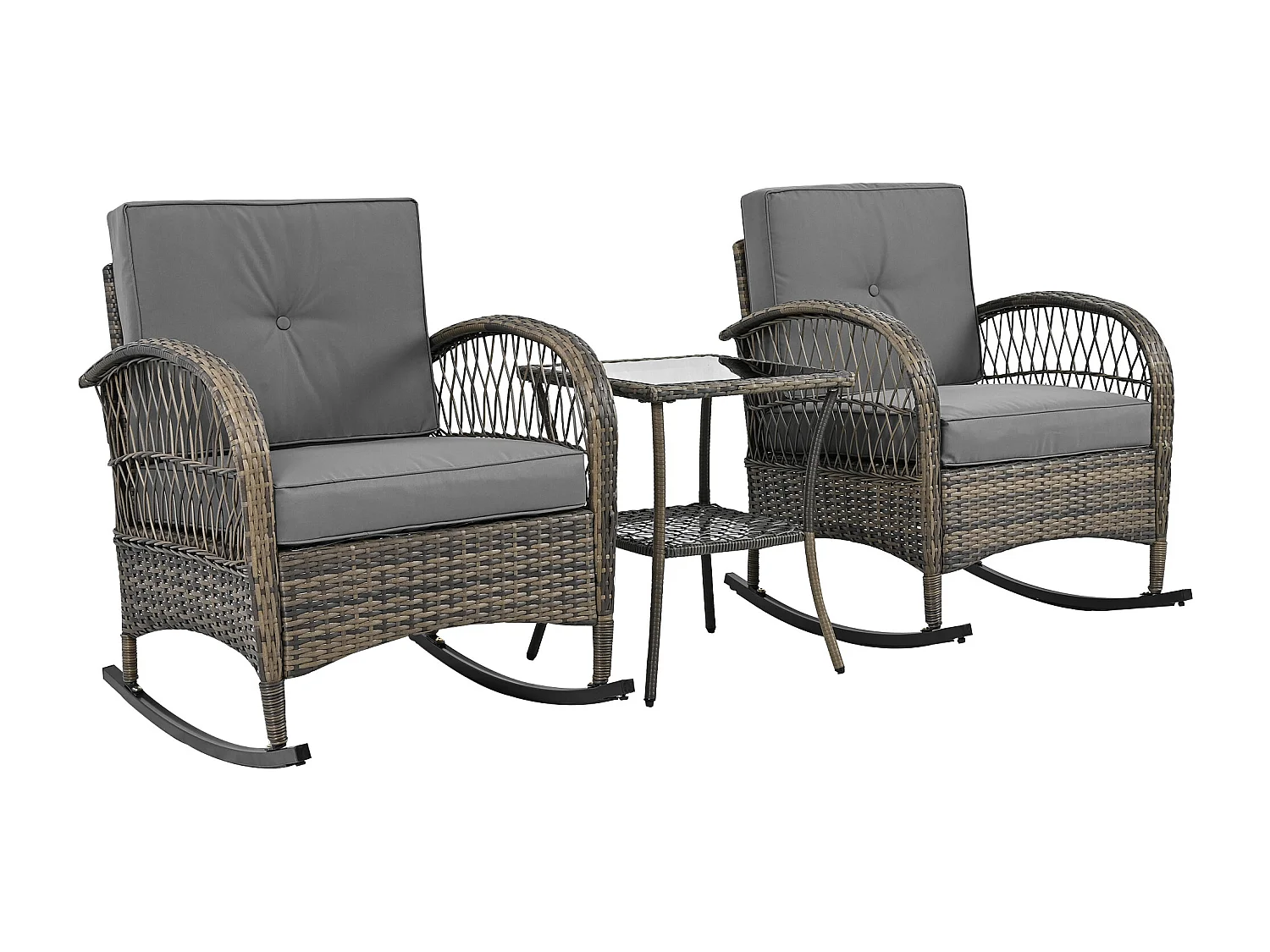 Ensemble de balcon 3 pièces en rotin - Coussins gris