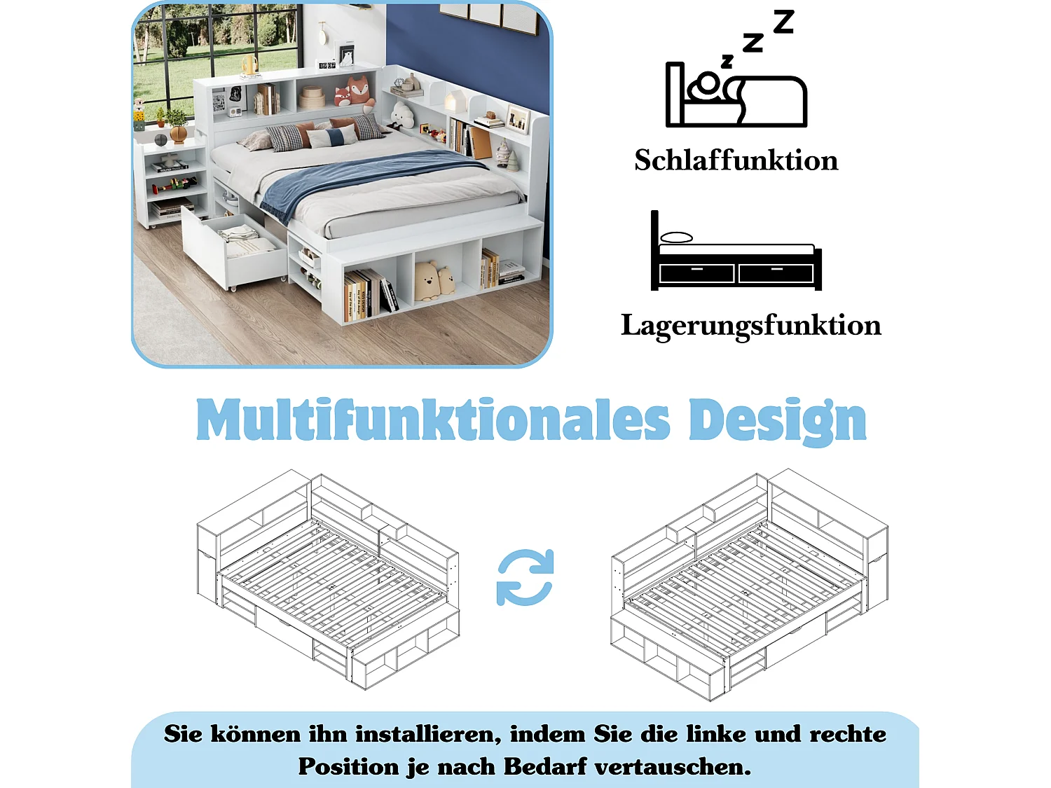 Volwassenenbed 140 x 200 cm met lade en grote opbergruimte - Wit