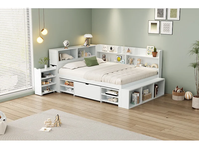 Cama para adultos de 140 x 200 cm con cajón y amplio espacio de almacenaje - Blanco