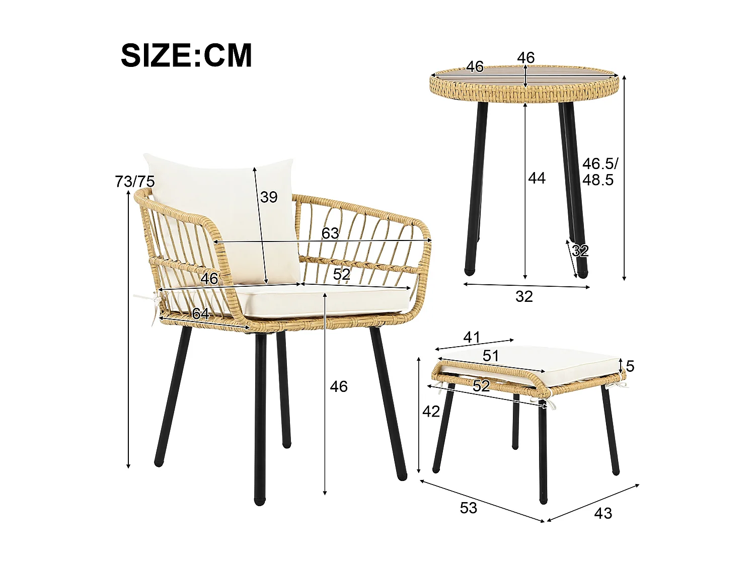 Ensemble table et chaises de jardin 5 pièces - Rotin naturel et métal