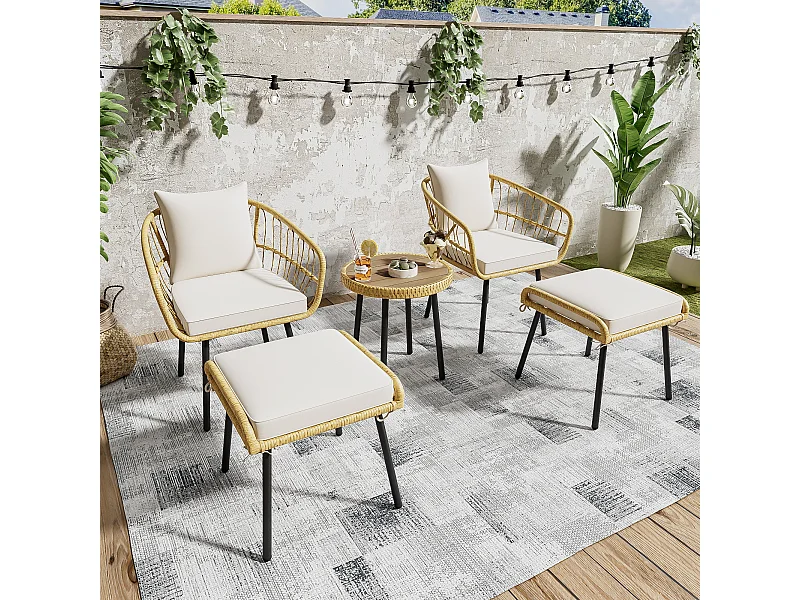 Ensemble table et chaises de jardin 5 pièces - Rotin naturel et métal
