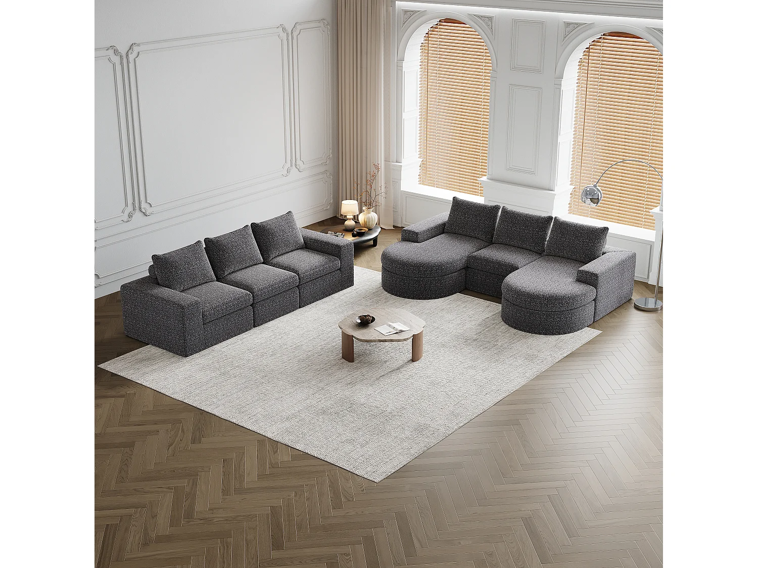 Canapé d'angle 6 places modulable avec méridienne - Tissu chenille gris - Sans montage