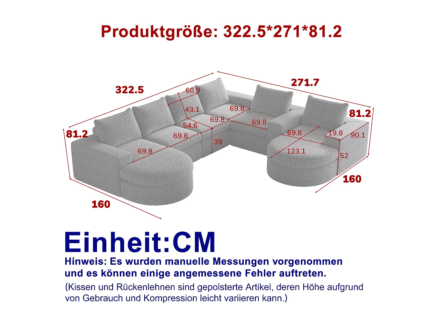 Canapé d'angle 6 places modulable avec méridienne - Tissu chenille gris - Sans montage