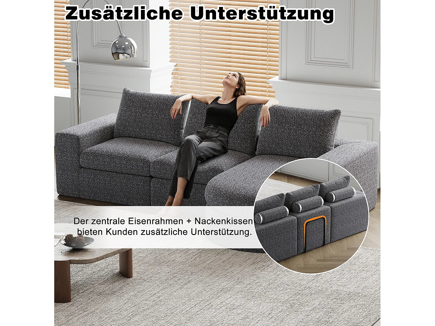 Canapé d'angle 6 places modulable avec méridienne - Tissu chenille gris - Sans montage