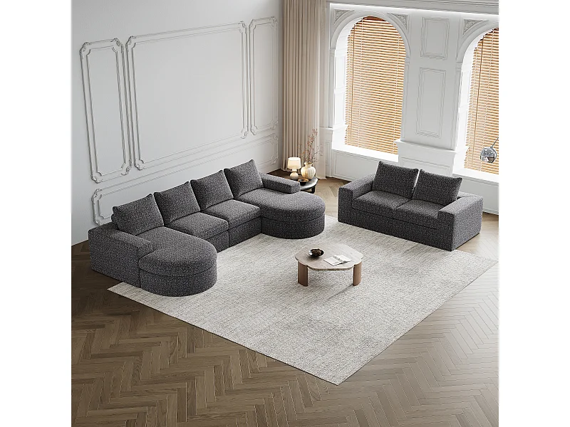 Canapé d'angle 6 places modulable avec méridienne - Tissu chenille gris - Sans montage