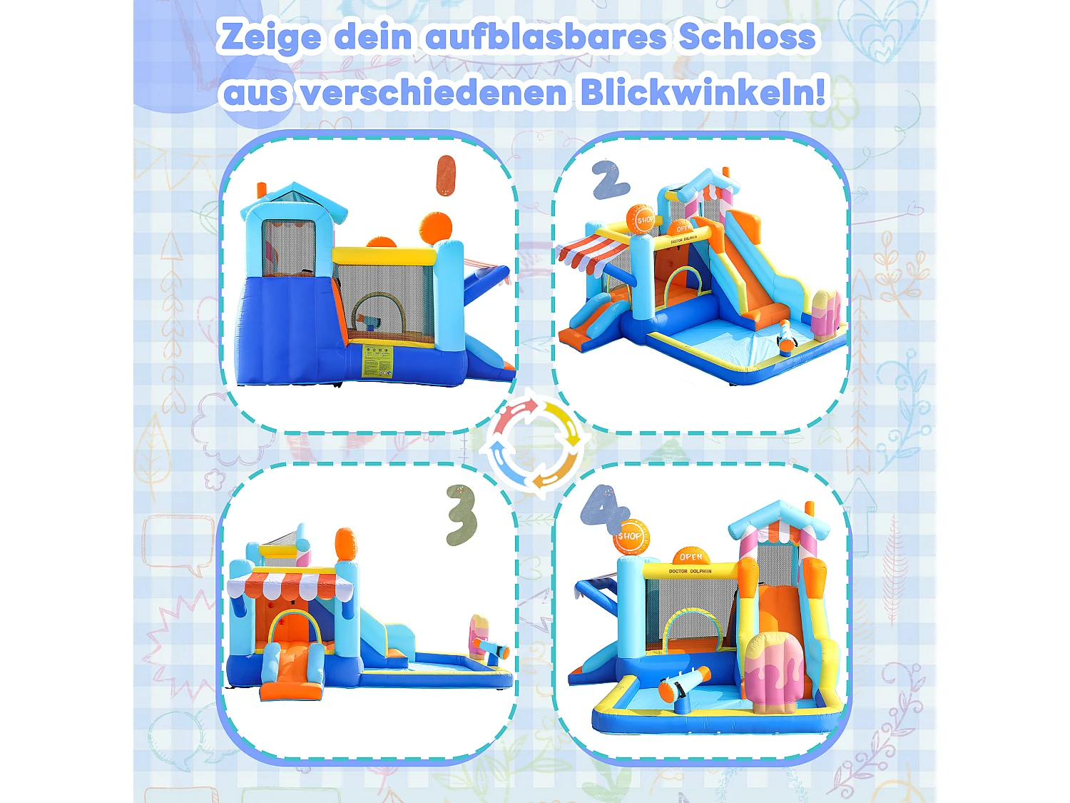 Château gonflable enfant parc aquatique avec souffleur 450 W - Tissu Oxford bleu