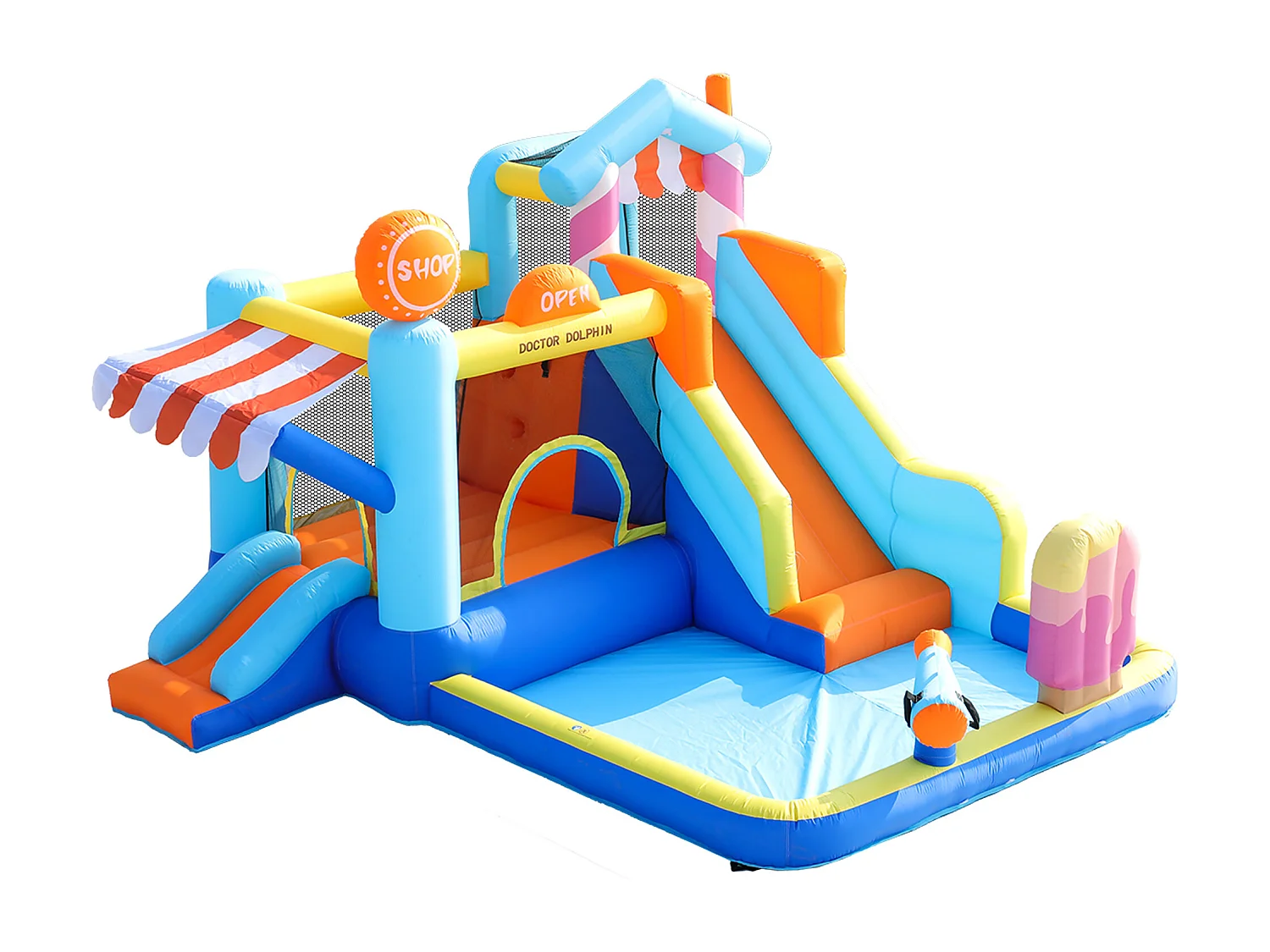 Château gonflable enfant parc aquatique avec souffleur 450 W - Tissu Oxford bleu