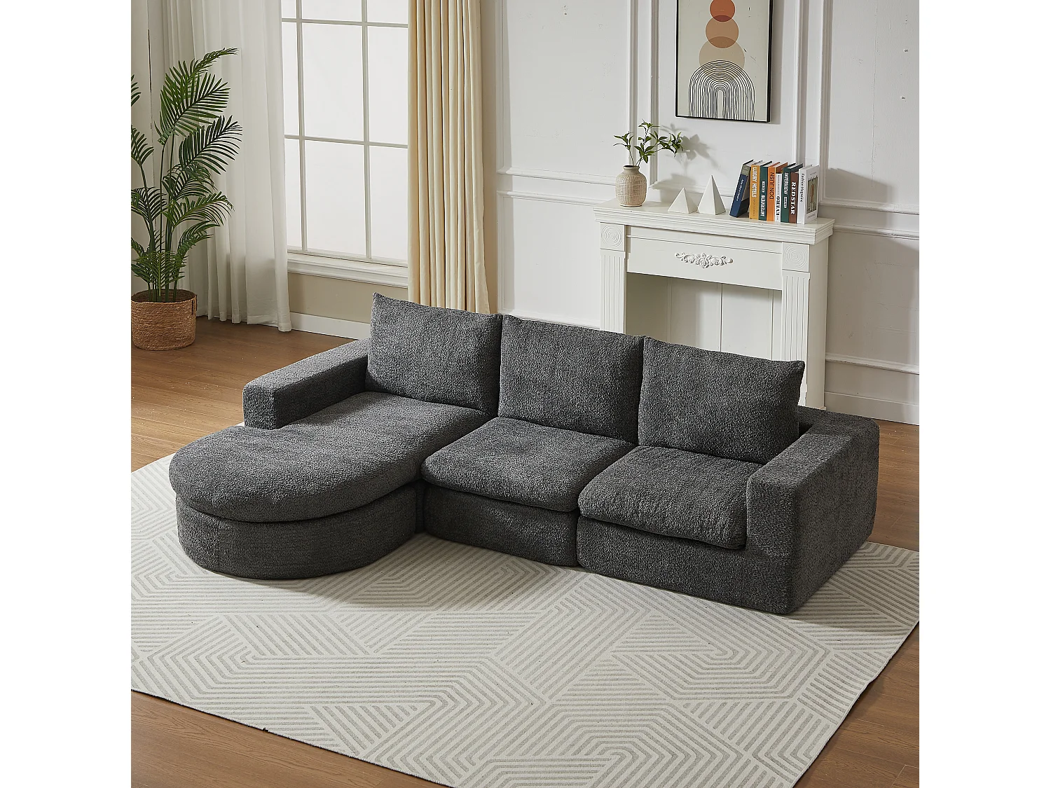Canapé d'angle 3 places avec méridienne et 3 coussins - Tissu chenille gris