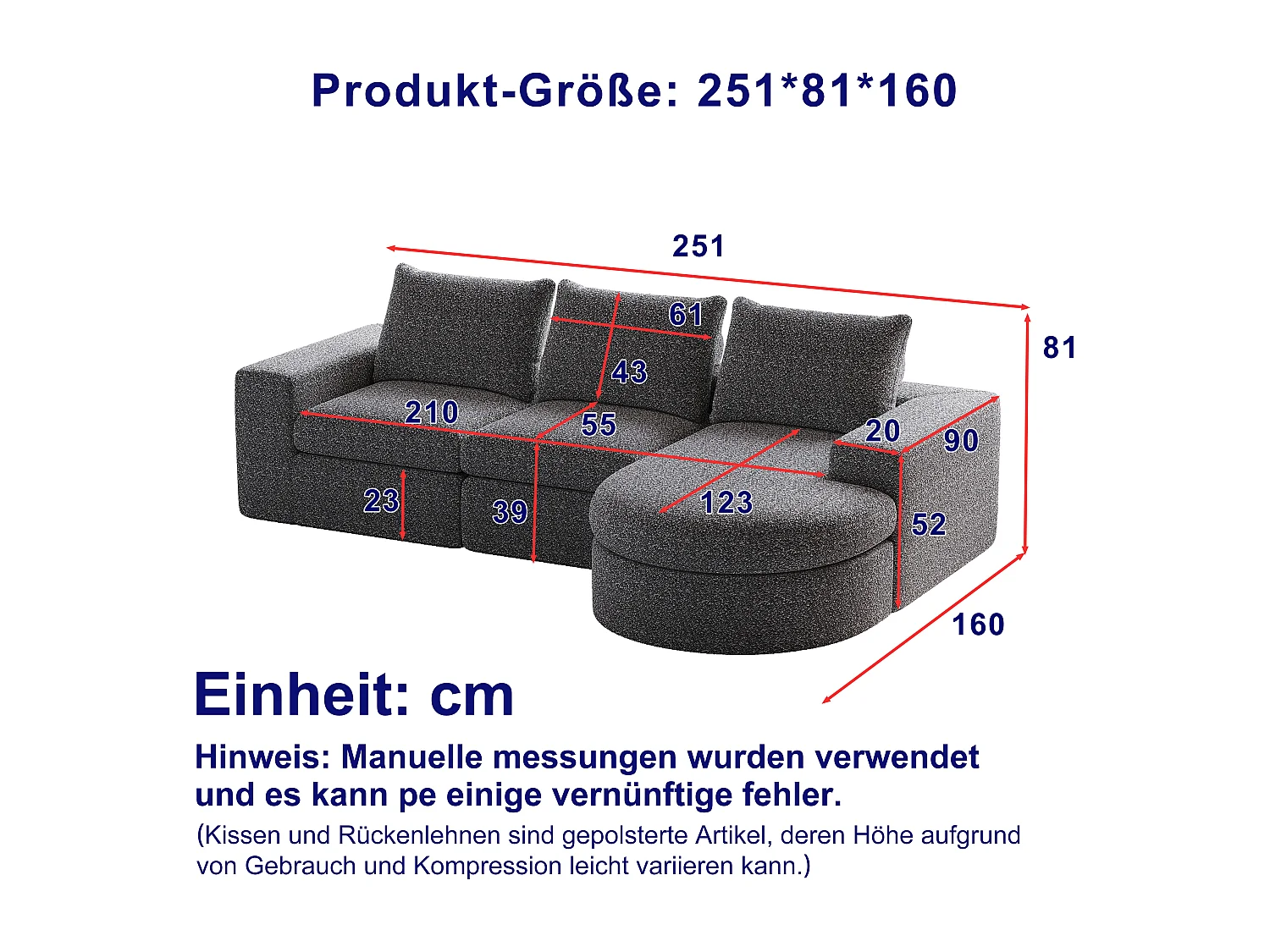 Canapé d'angle 3 places avec méridienne et 3 coussins - Tissu chenille gris