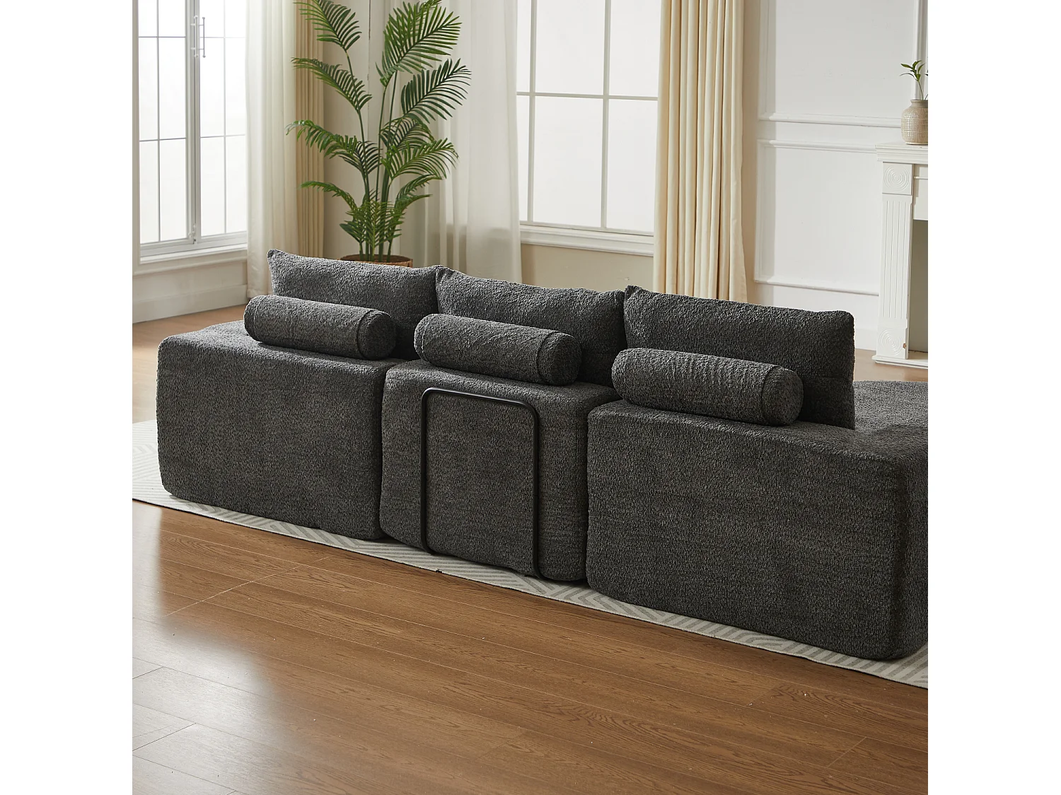 Canapé d'angle 3 places avec méridienne et 3 coussins - Tissu chenille gris