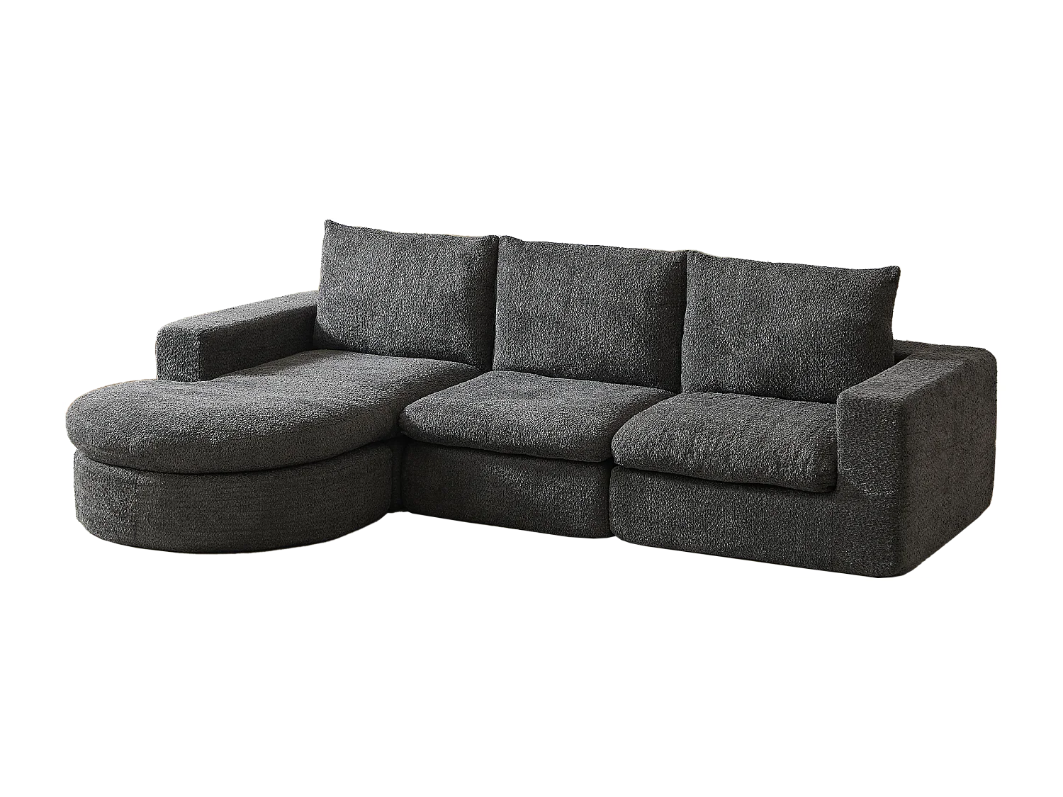 Canapé d'angle 3 places avec méridienne et 3 coussins - Tissu chenille gris