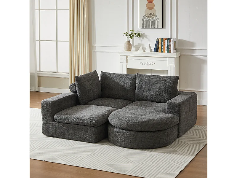 Canapé d'angle 3 places avec méridienne et 3 coussins - Tissu chenille gris