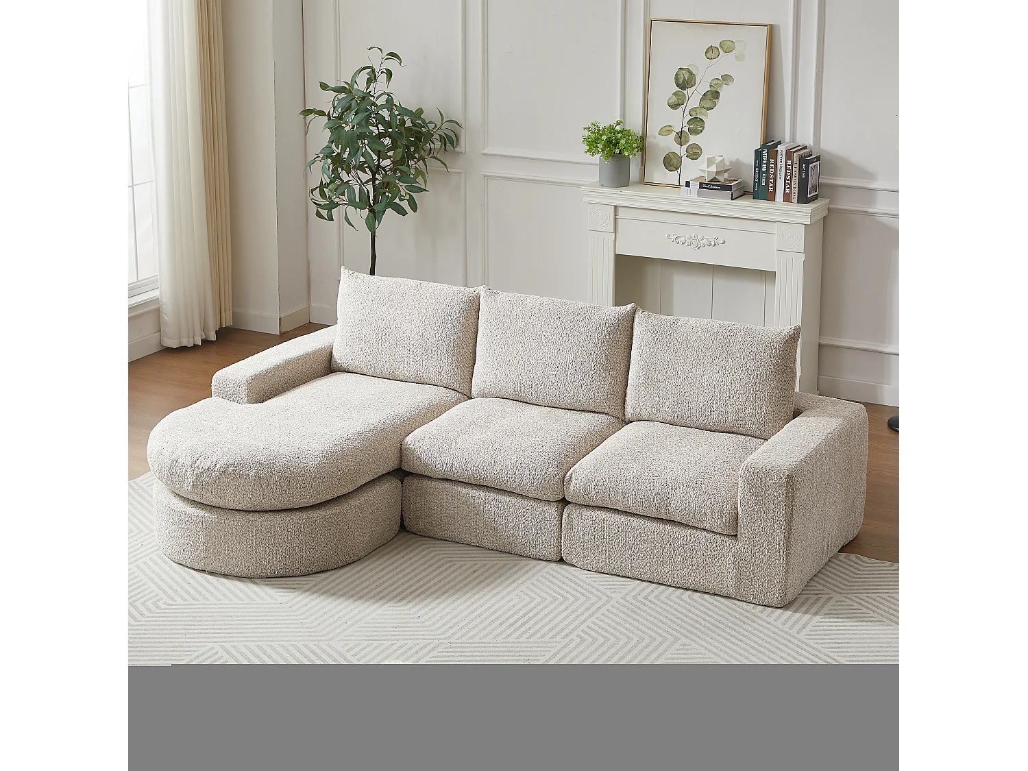 Canapé d'angle 3 places avec méridienne et 3 coussins - Tissu chenille beige