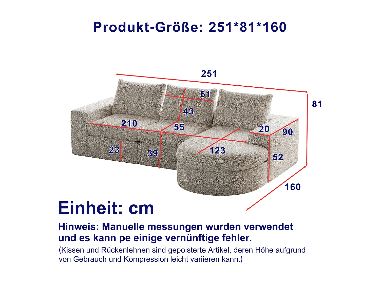 Canapé d'angle 3 places avec méridienne et 3 coussins - Tissu chenille beige