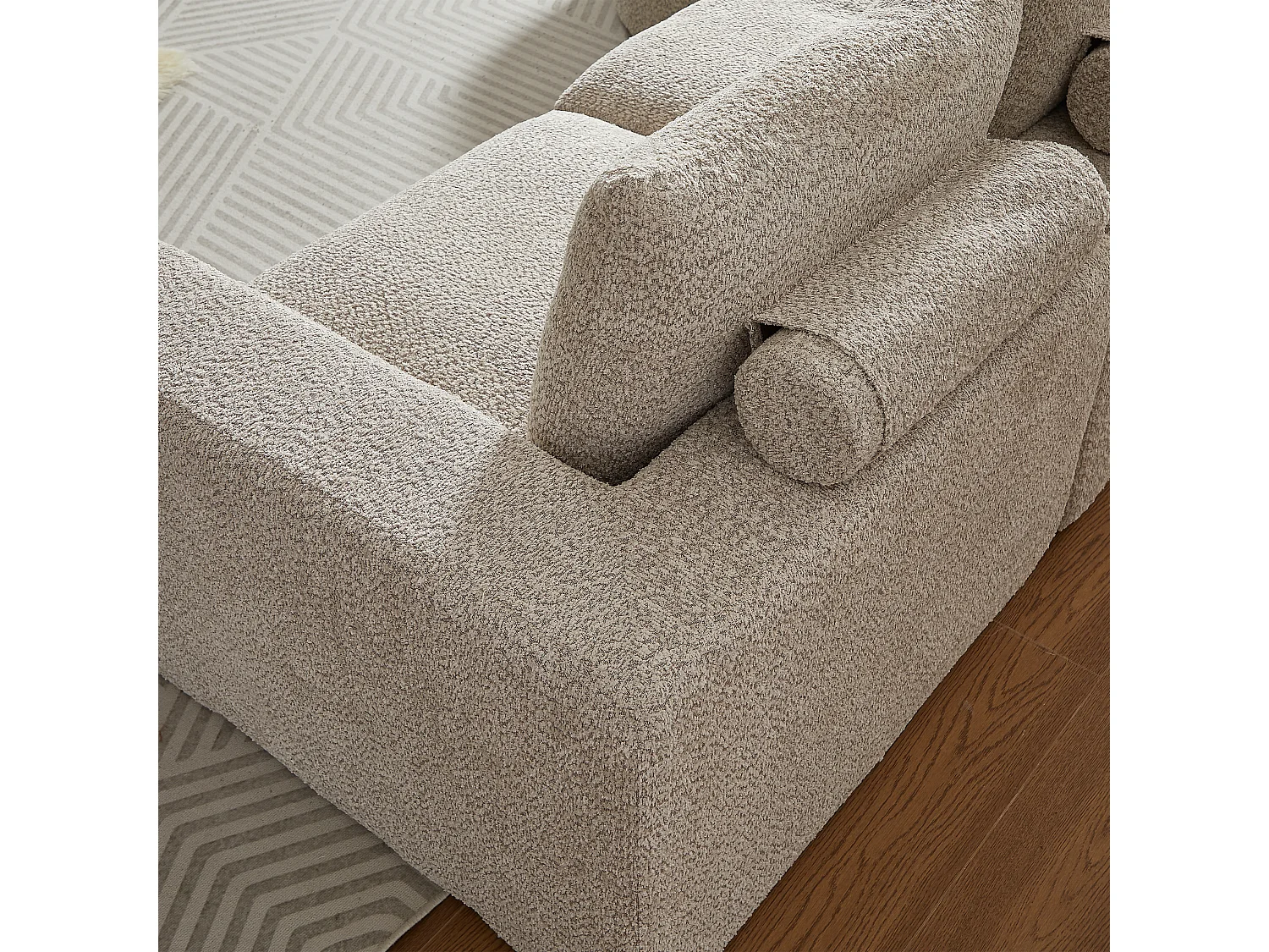 Canapé d'angle 3 places avec méridienne et 3 coussins - Tissu chenille beige