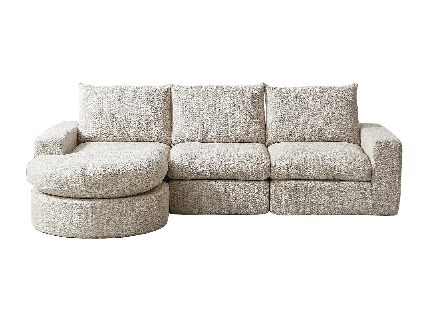 Canapé d'angle 3 places avec méridienne et 3 coussins - Tissu chenille beige