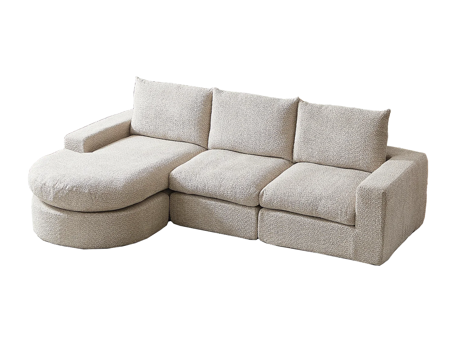 Canapé d'angle 3 places avec méridienne et 3 coussins - Tissu chenille beige