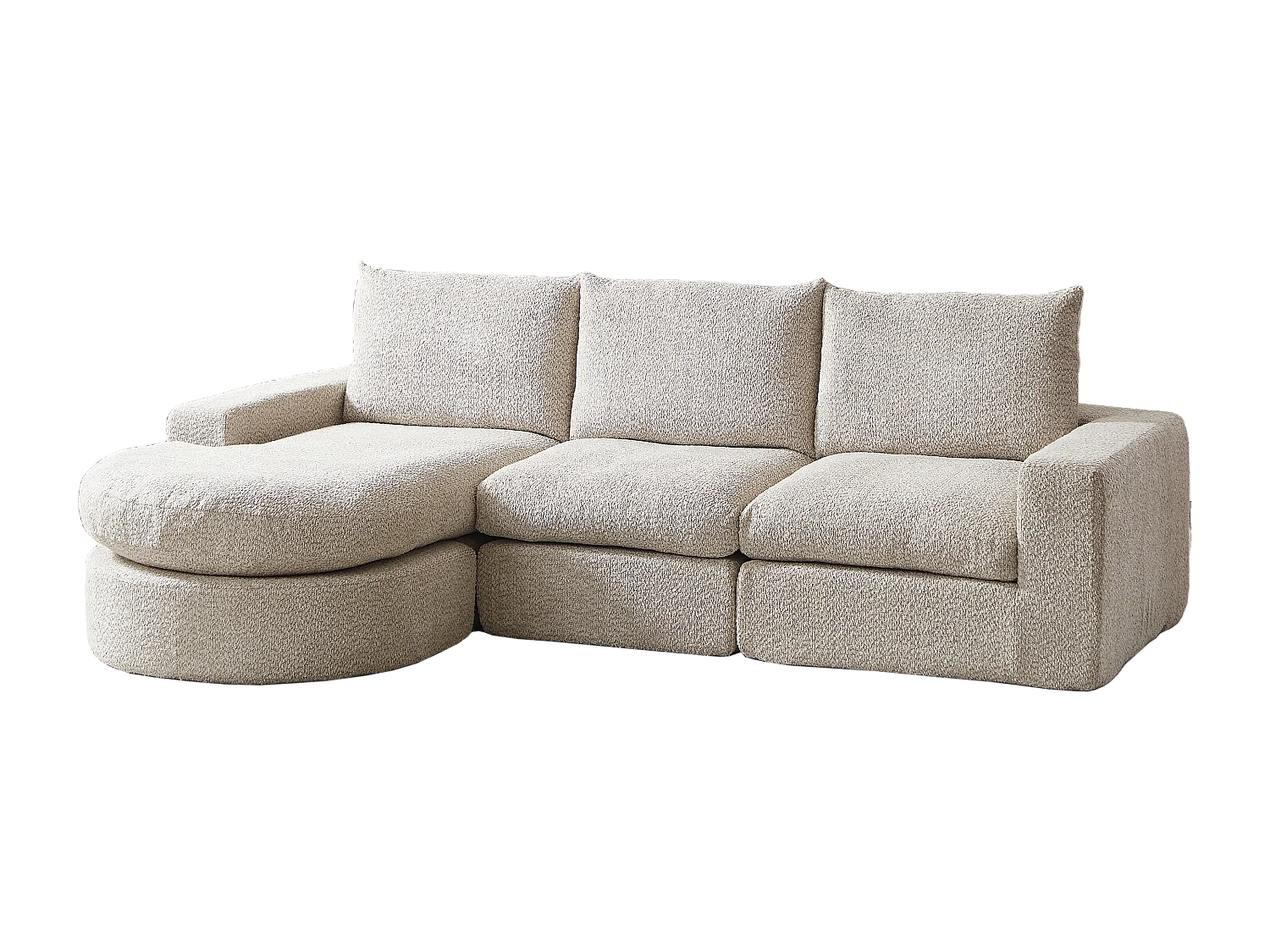 Canapé d'angle 3 places avec méridienne et 3 coussins - Tissu chenille beige