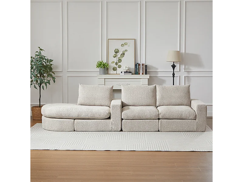 Canapé d'angle 3 places avec méridienne et 3 coussins - Tissu chenille beige