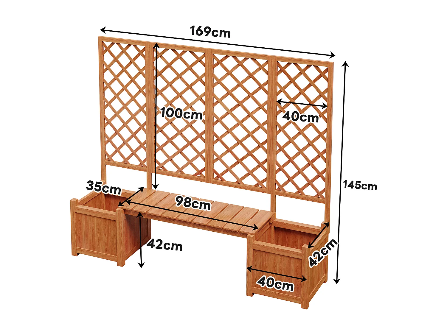 Jardinière à poser avec treillis et assise en bois - Bac à plantes en couleur bois