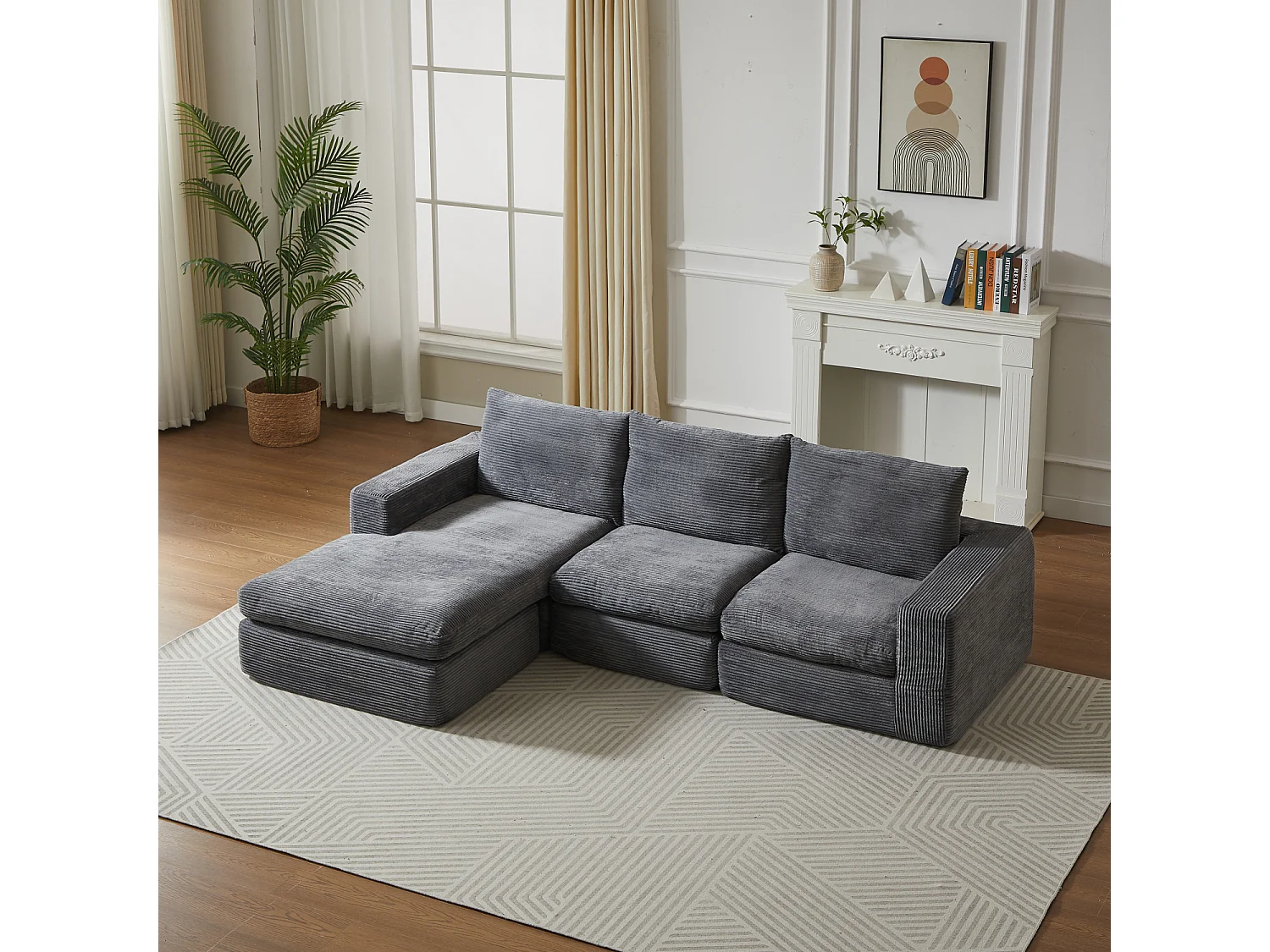 Divano angolare a 3 posti con chaise longue e 3 cuscini - Velluto a coste grigio scuro