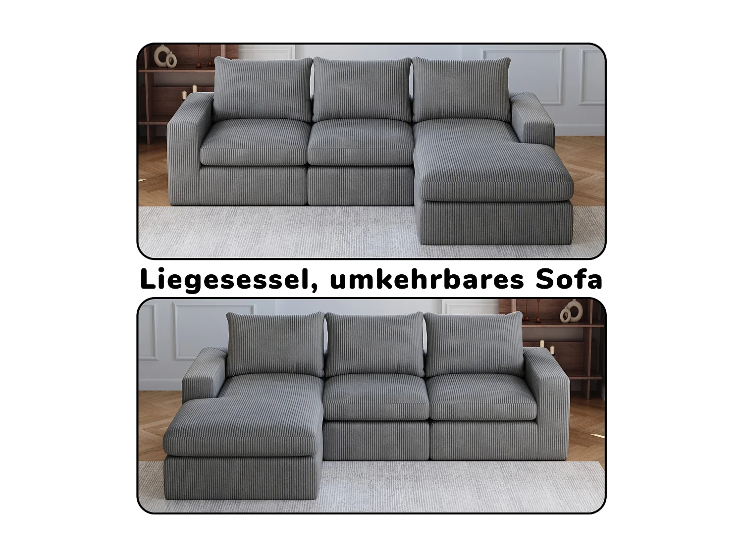 Divano angolare a 3 posti con chaise longue e 3 cuscini - Velluto a coste grigio scuro