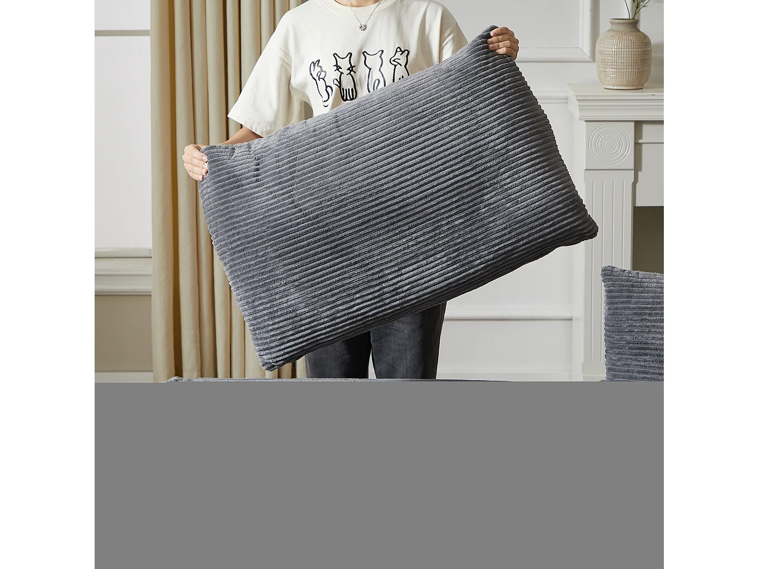 Divano angolare a 3 posti con chaise longue e 3 cuscini - Velluto a coste grigio scuro