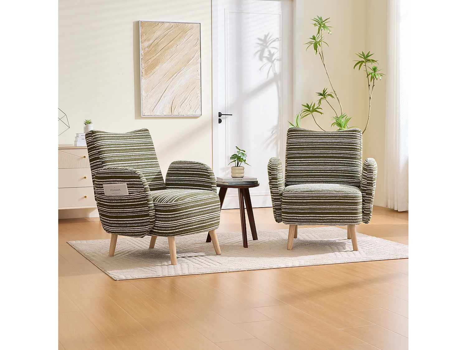 Fauteuil in olijfgroene boucléstof - Houten poten - Voor woonkamers, slaapkamers en kantoren