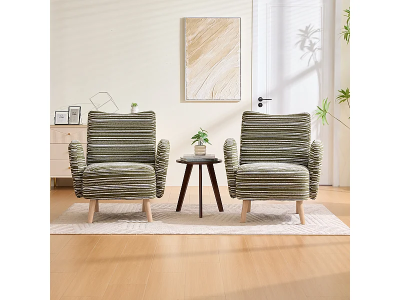 Fauteuil en tissu bouclé vert olive - Pieds en bois - Pour salons, chambres et bureaux