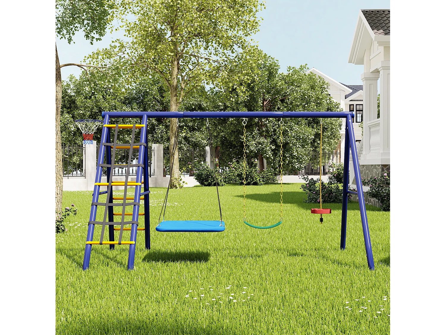 Ensemble balançoire extérieur en acier bleu - 3 balançoires + structure à grimper + panier