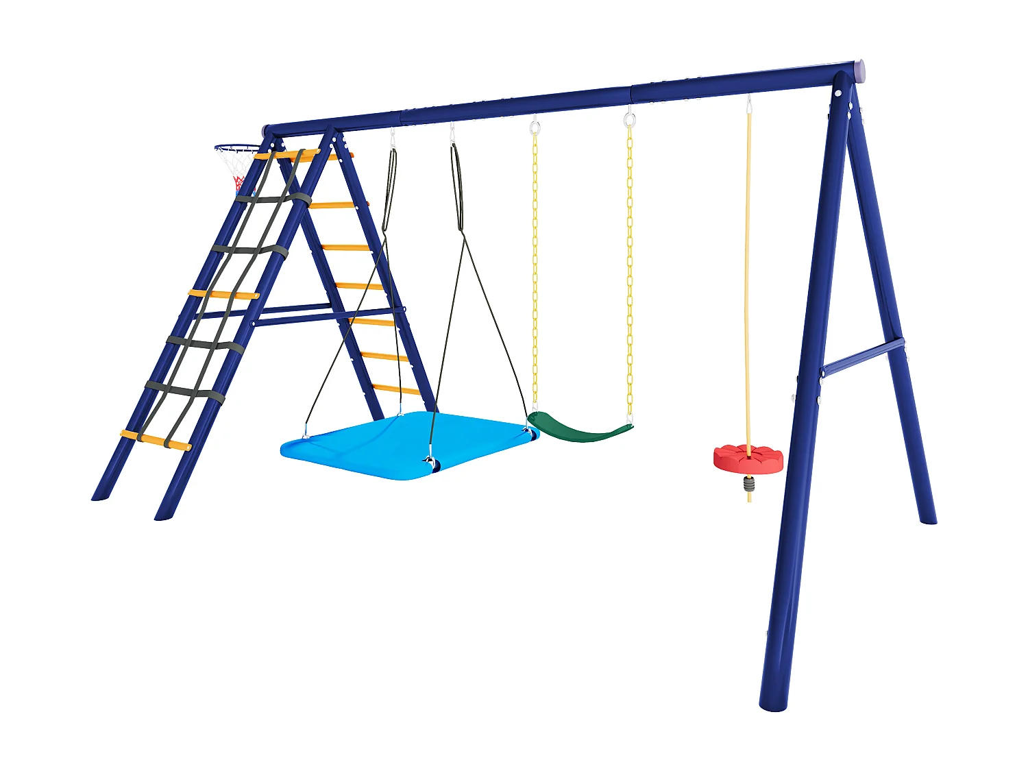 Ensemble balançoire extérieur en acier bleu - 3 balançoires + structure à grimper + panier