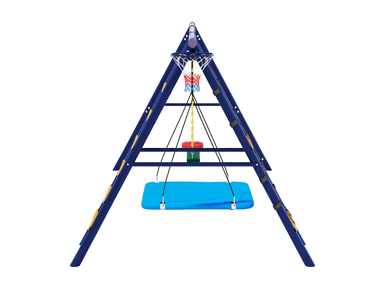 Ensemble balançoire extérieur en acier bleu - 3 balançoires + structure à grimper + panier
