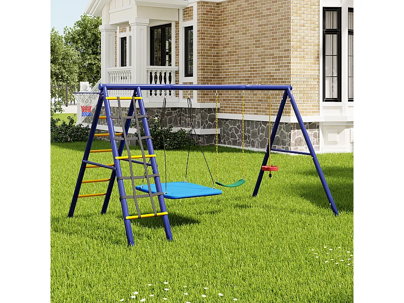 Ensemble balançoire extérieur en acier bleu - 3 balançoires + structure à grimper + panier