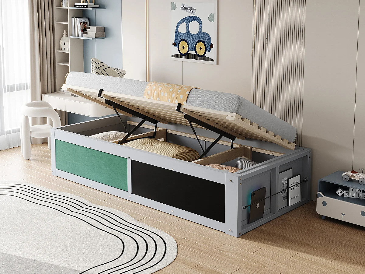 Lit coffre enfant 90x200 cm avec tablette d'écriture - Sans de tête de lit - Gris