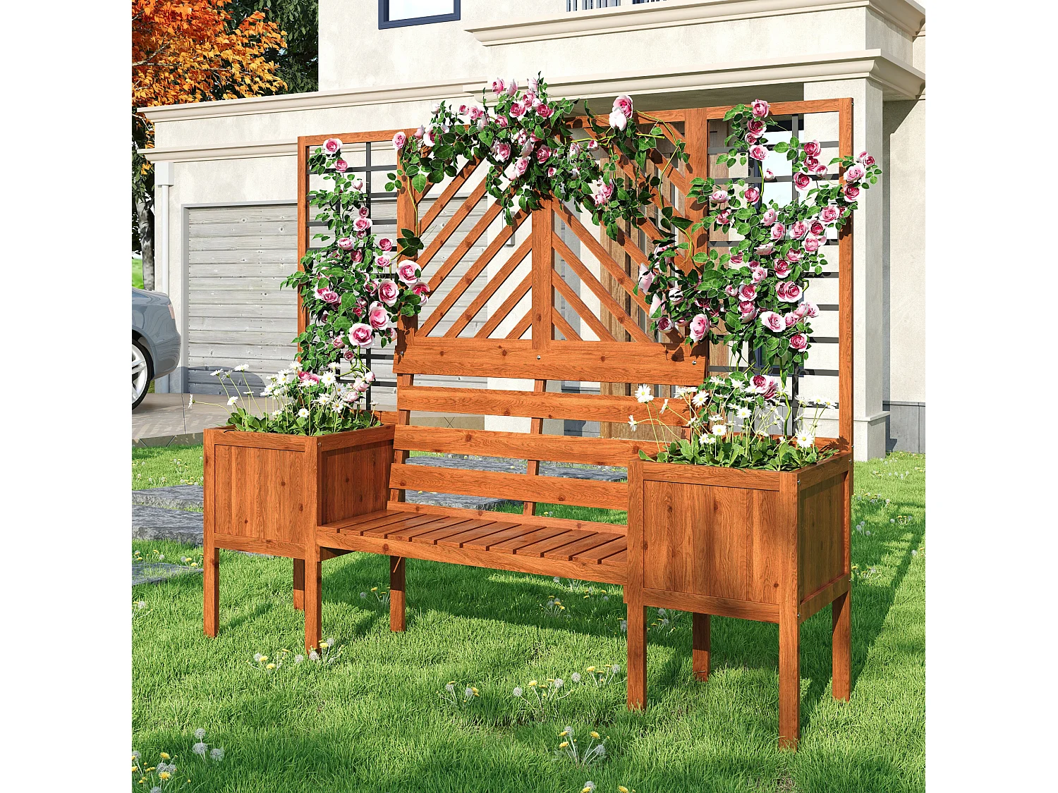 Jardinière avec treillis et banc en bois brun 170x145x42 cm