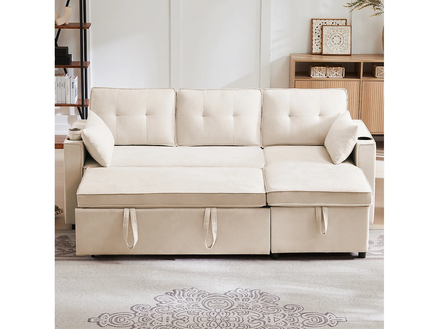 Canapé d'angle convertible 3 places avec porte-gobelet et rangement - Tissu coton-lin beige