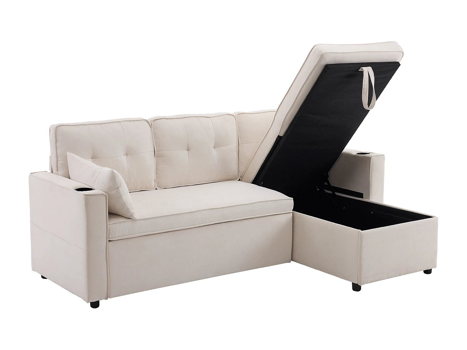 Canapé d'angle convertible 3 places avec porte-gobelet et rangement - Tissu coton-lin beige