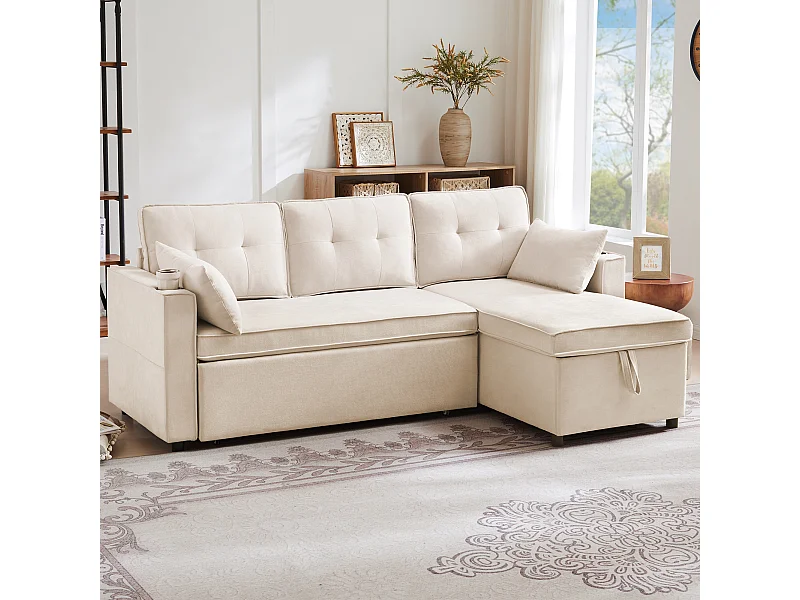 Canapé d'angle convertible 3 places avec porte-gobelet et rangement - Tissu coton-lin beige