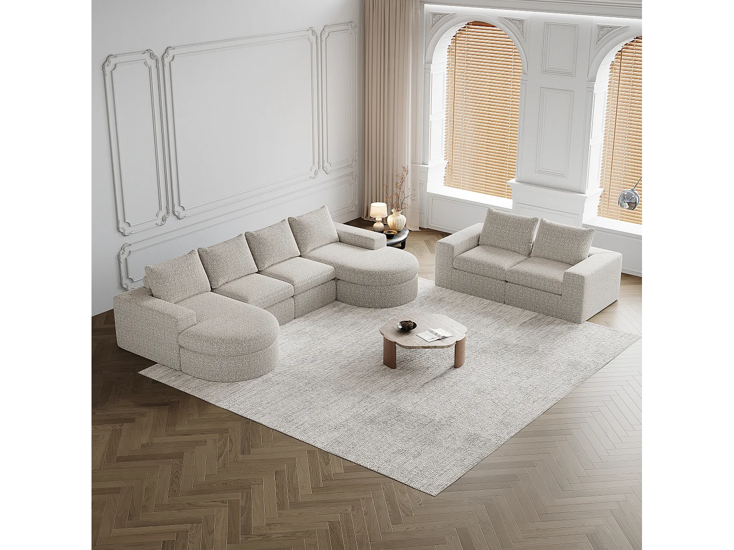 Canapé d'angle 6 places modulable avec méridienne - Tissu chenille beige - Sans montage