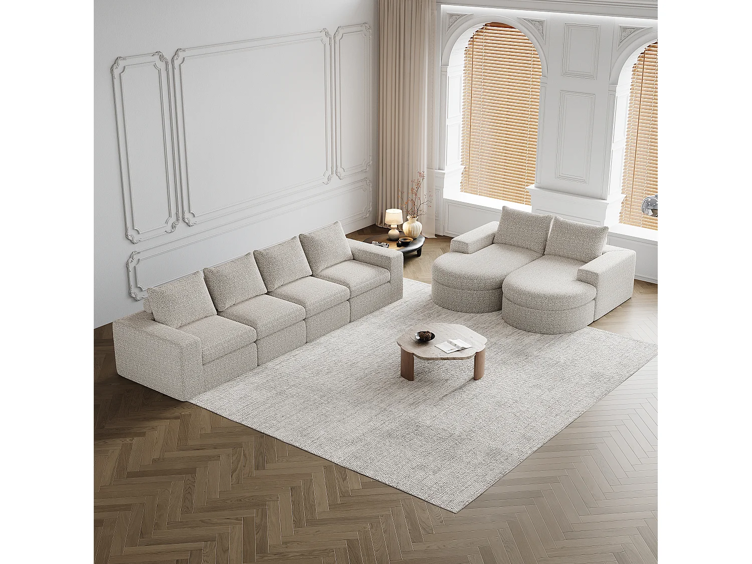 Canapé d'angle 6 places modulable avec méridienne - Tissu chenille beige - Sans montage