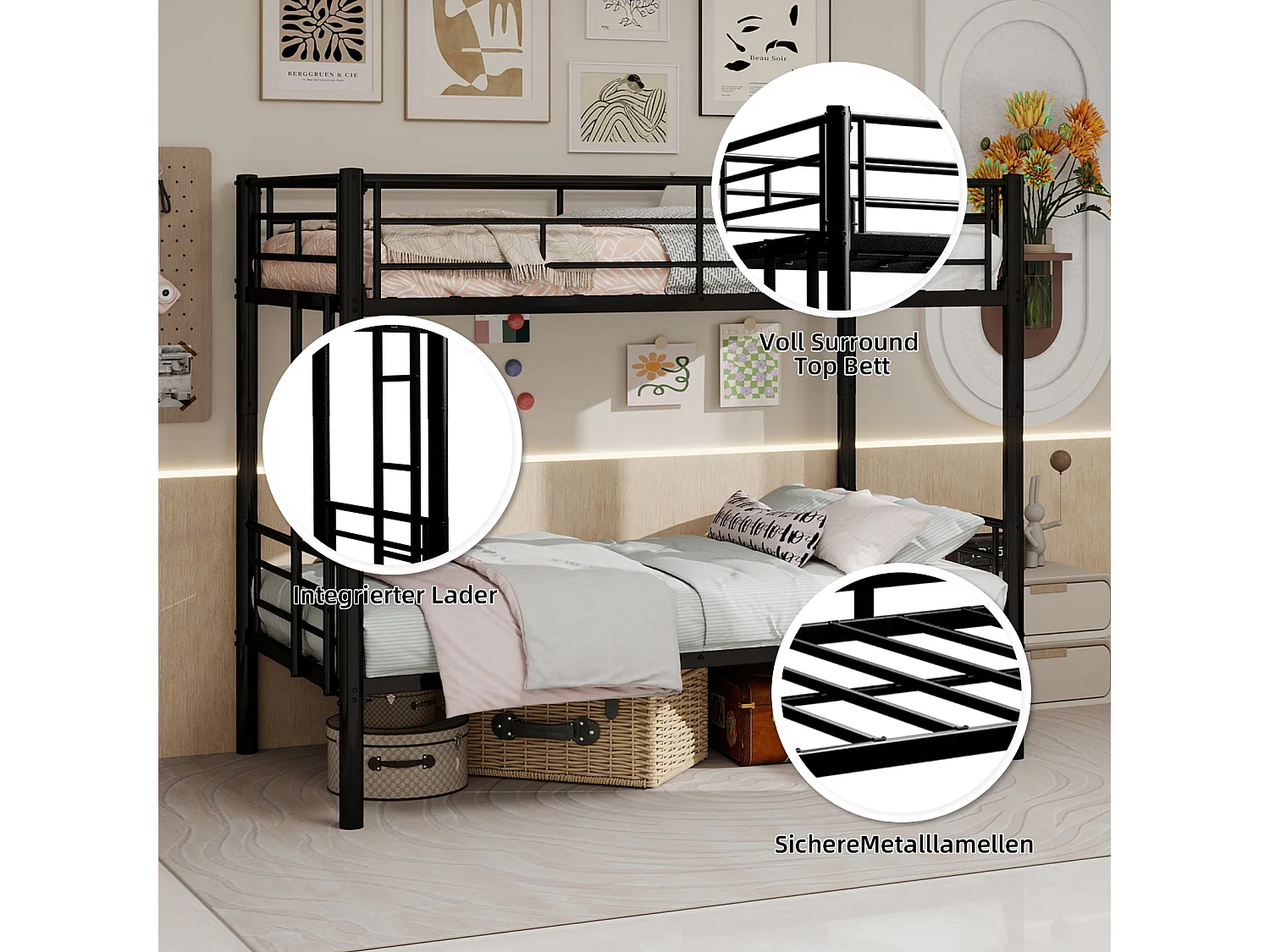 Lit superposé 90x190 cm convertible en 2 lits - Lit enfant en métal noir